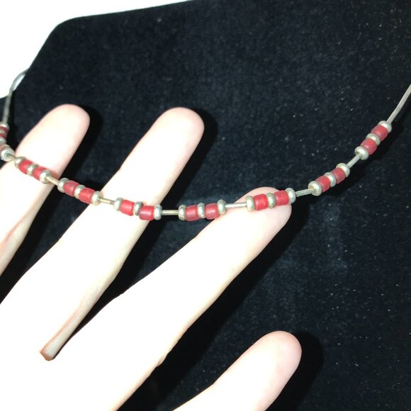 15 1/4" Frosted Orange Red and Silver Beaded Necklace - Picture 2 of 9